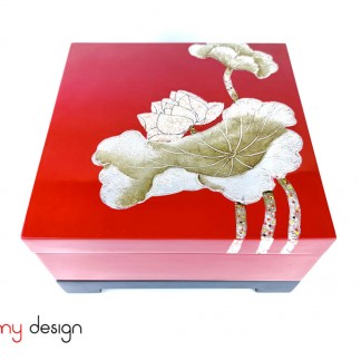 Square red box with hand painted lotus included stand 25 cm